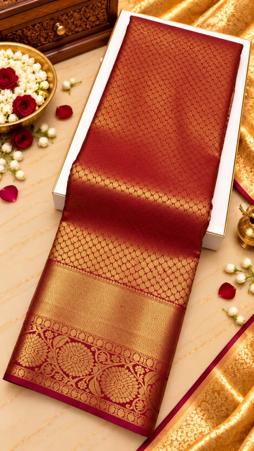 Maroon Red Gold Zari Scale Butta Brocade Semi Kanchipuram Silk Saree